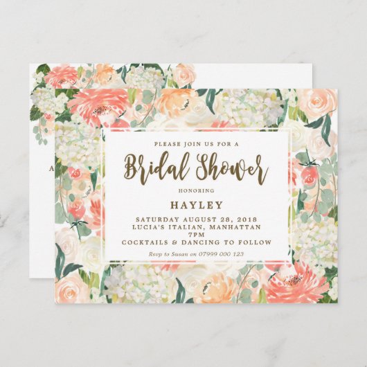 Perzik Bloemen Moderne bruids douche uitnodiging (Voorkant / Achterkant)