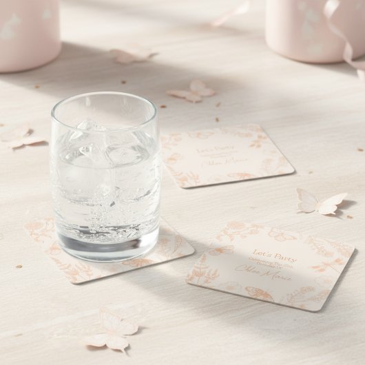 Perzik Bloemen Onderzetters: Party Esthetisch op p Vierkante Kartonnen Onderzetter