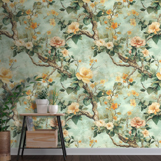 Perzik Bloemen op Groene Achtergrond Chinoiserie S Behang