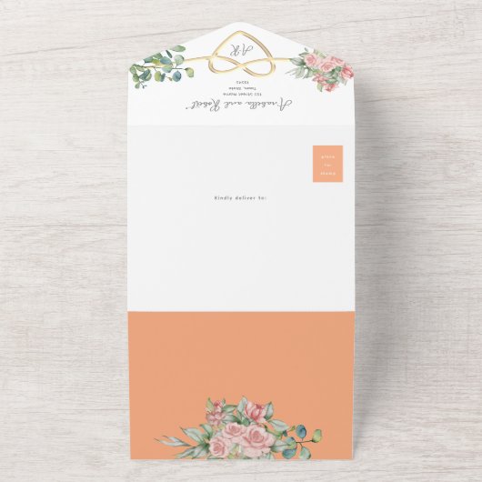 Perzik Bloemen Roos bruiloft All In One Uitnodiging (Buitenkant)