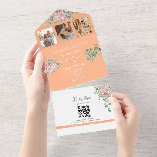 Perzik Bloemen Roos bruiloft All In One Uitnodiging (Afscheurbaar)