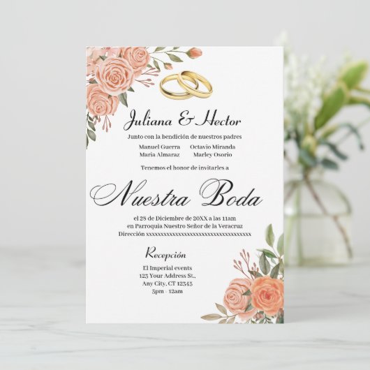 Perzik Bloemen Uitnodiging (Staand voorkant)