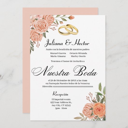 Perzik Bloemen Uitnodiging (Voorkant / Achterkant)