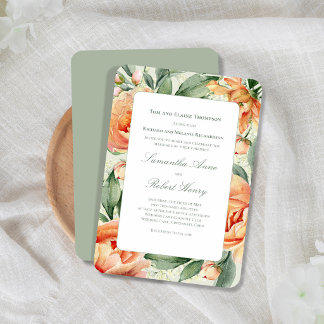 Perzik Bloemige Aquarel Groene Elegante Bruiloft Kaart