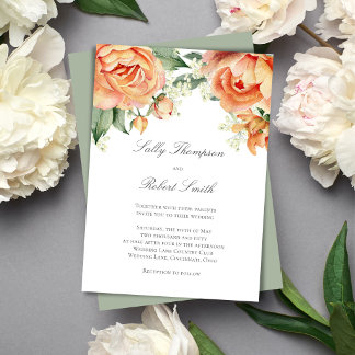 Perzik Bloemige Bovenrand Elegant Script Bruiloft Kaart