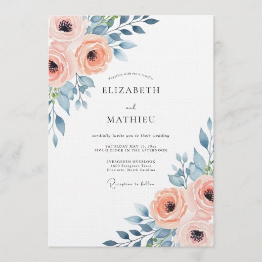 Perzik Blush Bloom Bruiloft Kaart (Voorkant)