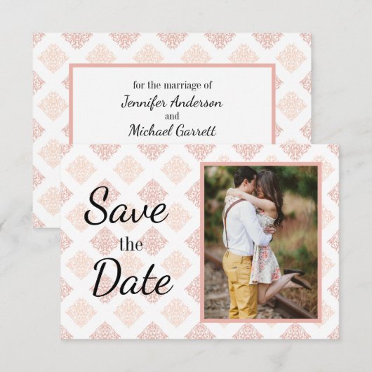 Perzik Blush Damast Save The Date (Voorkant / Achterkant)