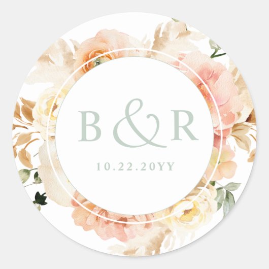 Perzik, Blush met Sage Wedding Envelope / Favor Ronde Sticker (Voorkant)