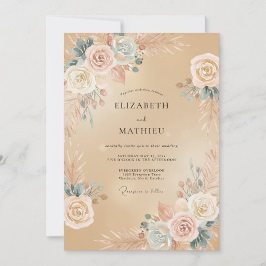 Perzik Blush Romantische Botanische Bruiloft Kaart (Voorkant)