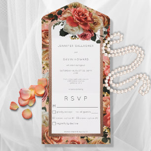Perzik Blush & Roze Roze Rozen Dinner All In One Uitnodiging