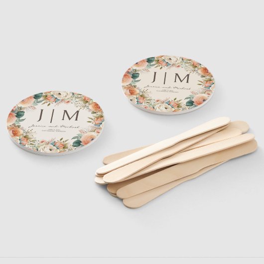 Perzik crème bloemen eucalyptus bruiloft handwaaier (Niet-gemonteerd)