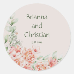 Perzik Crème en Sage Groene Bloemen Tuin Ronde Sticker