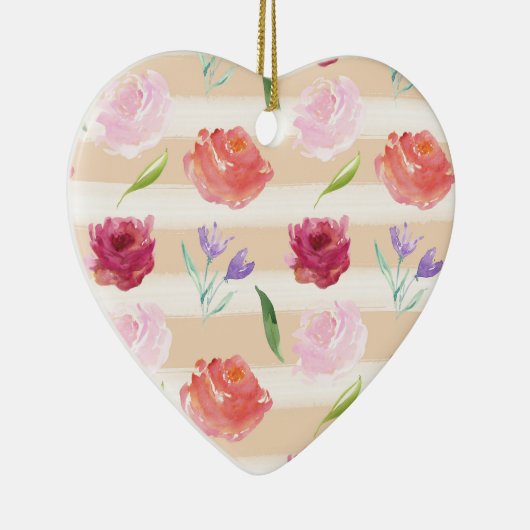 Perzik Crème Strepen Waterverf Bloemen Keramisch Ornament (Rechts)