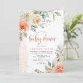 Perzik crème wit rozen bloemig goud Baby shower Kaart (Staand voorkant)