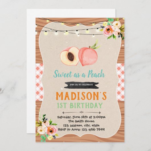 Perzik douche verjaardagsfeestje uitnodiging (Voorkant / Achterkant)