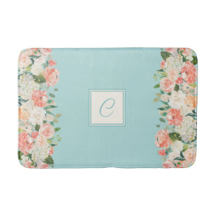 Perzik en Aqua Waterverf Bloemen met Monogram Badmat