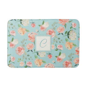 Perzik en Aqua Waterverf Bloemen met Monogram Badmat
