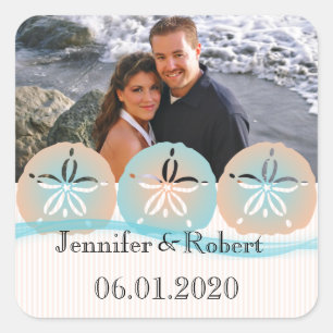 Perzik en Blauw Zand Dollars Strand Bruiloft Vierkante Sticker