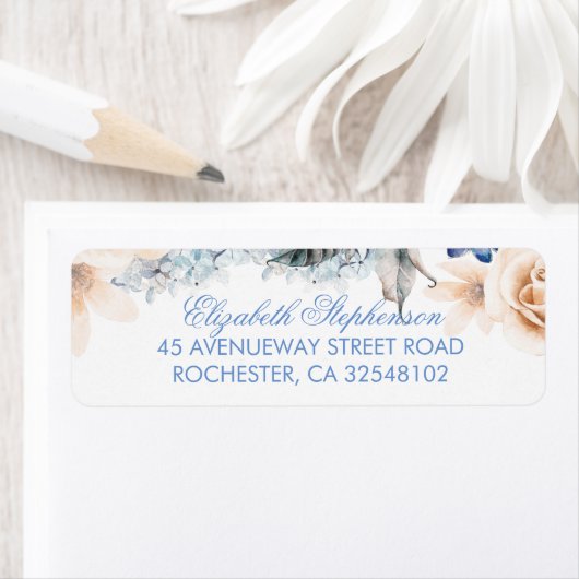 Perzik en blauwe bloemen Elegante bruiloft Etiket (Insitu)