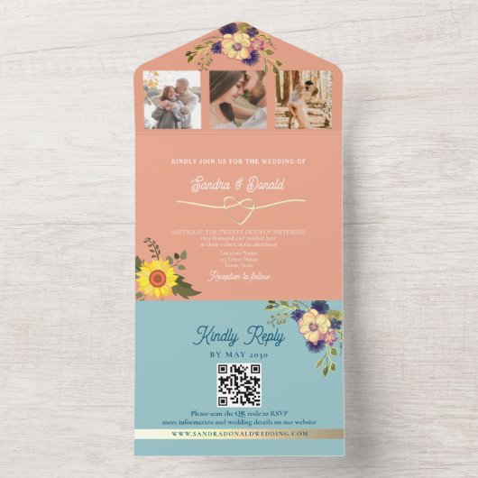 Perzik en blauwe bruiloft uitnodiging met zonneblo (Binnen)