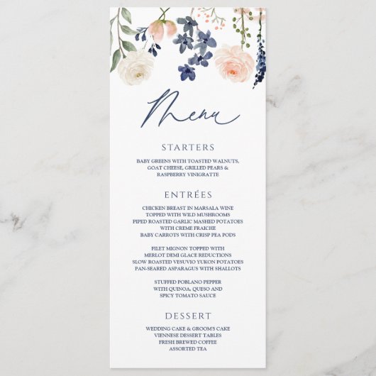 Perzik en blauwe bruiloft Wildflower Botanische Fl Menu (Voorkant)