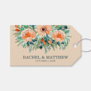 Perzik en Blauwgroen Floral Waterverf Weddenschap Cadeaulabel