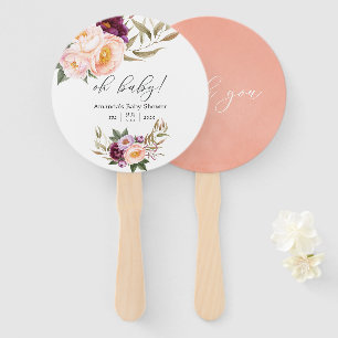 Perzik- en bordeauxroze bloemen baby shower handwaaier