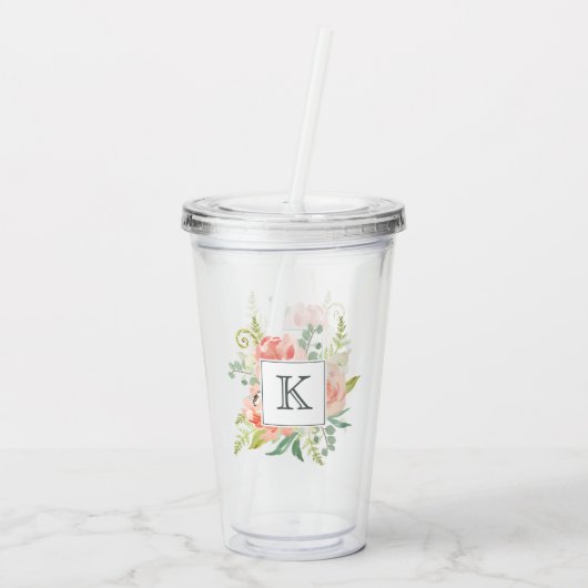 Perzik en Crème Waterverf Bloemen met Monogram Acryl Drinkbeker (Achterkant)