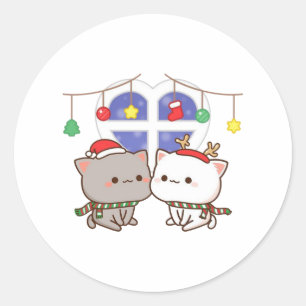 Perzik en Goma Mochi Kat, Vrolijk Kerstfeest Ronde Sticker