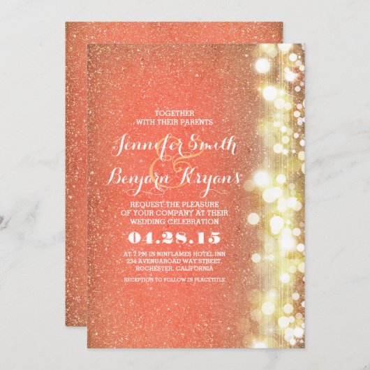 Perzik en goud glitter lichten bruiloft kaart (Voorkant / Achterkant)