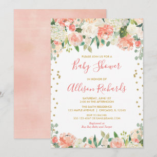 Perzik en gouden glitter bloemenmeisje baby shower kaart