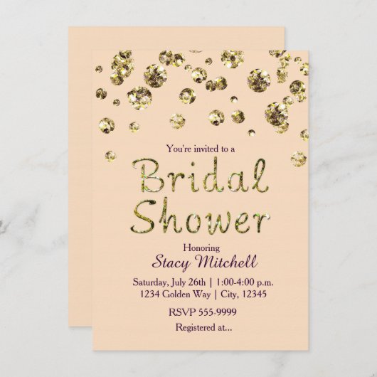 Perzik en Gouden Glitter Bruids Douche Uitnodiging (Voorkant / Achterkant)