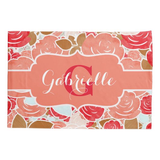 Perzik en goudWaterverf Rozen Florenz Monogram Kussensloop (Achterkant-Links)