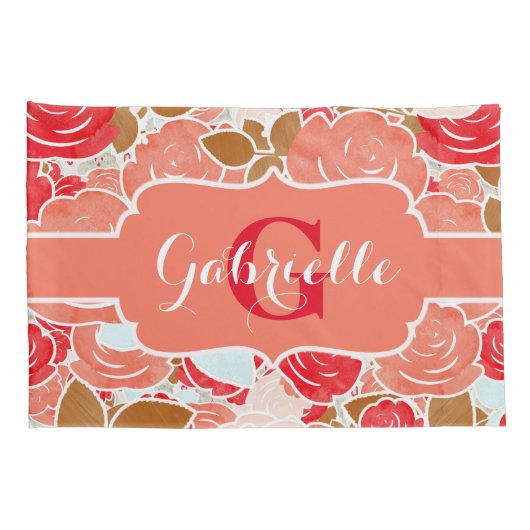 Perzik en goudWaterverf Rozen Florenz Monogram Kussensloop (Achterkant-Rechts)