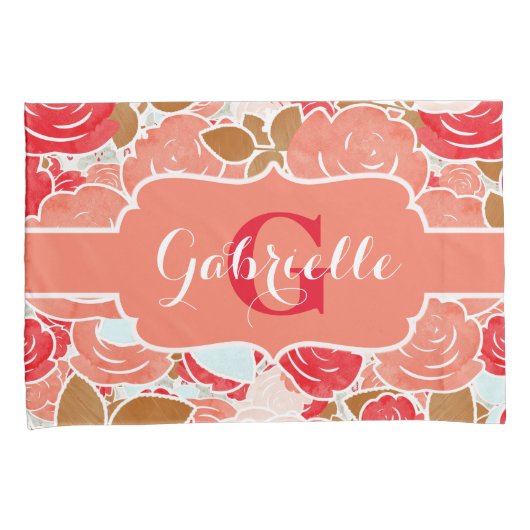 Perzik en goudWaterverf Rozen Florenz Monogram Kussensloop (Voorkant-Rechts)