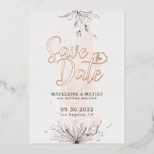 Perzik en grijze romantische bruiloft met uitzonde folie uitnodiging