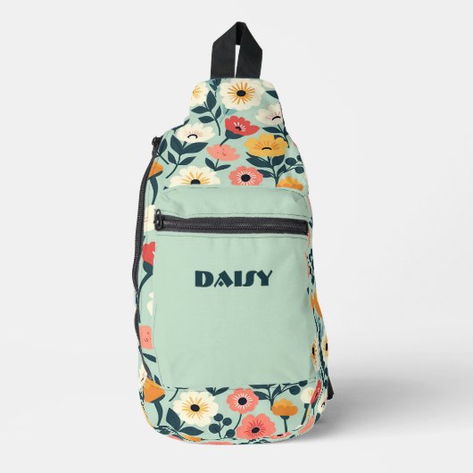 Perzik en Groene Retro Bloemen Sling Bag (Voorkant)