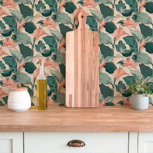 Perzik en groene tropische bloemen behang