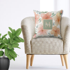 Perzik en groene Waterverf Floral Sierkussen