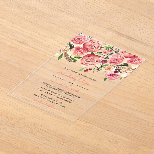 Perzik en koraalbloemen Floral bruiloft uitnodigin Acryl Uitnodigingen