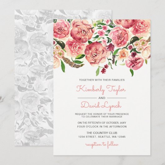 Perzik en koraalbloemen Floral bruiloft uitnodigin Kaart (Voorkant / Achterkant)