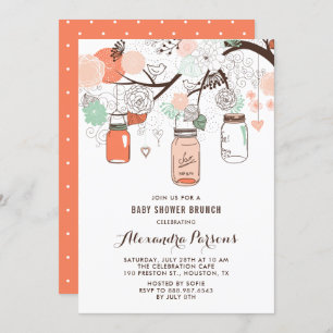 Perzik en Mint Mason Jars Floral Baby shower Brunc Kaart