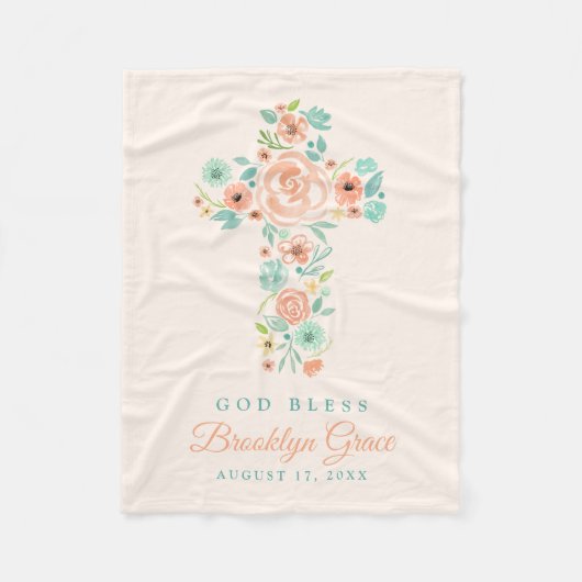 Perzik en Munt Waterverf Bloem Kruis Doop Fleece Deken (Voorkant)