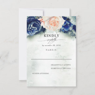 Perzik en Navy Blauw Bloemen Bruiloft RSVP Kaartje