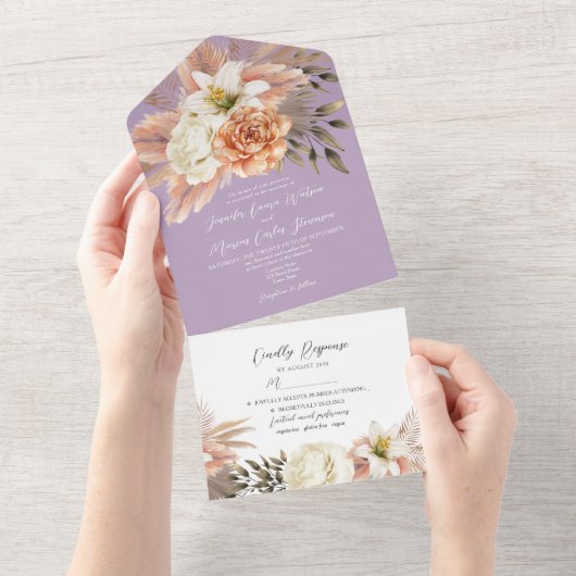 Perzik en Paarse bloemenbruiloft All In One Uitnodiging (Afscheurbaar)