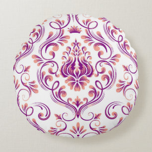 Perzik en Paarse Damask Floral Pattern Elegant Rond Kussen