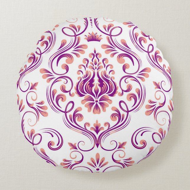 Perzik en Paarse Damask Floral Pattern Elegant Rond Kussen (Voorkant)