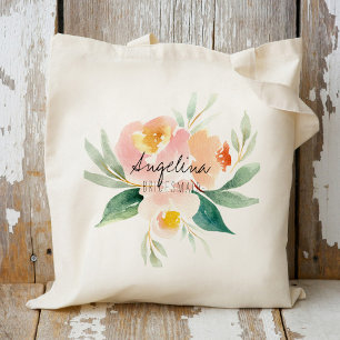Perzik- en roze bloemen bruidsmeisje cadeau tote bag