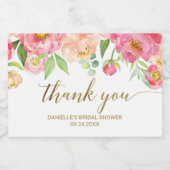 Perzik en roze pony bloemen Dank je wel Sparkling Wijnetiket (Enkel label)