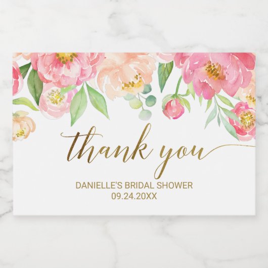 Perzik en roze pony bloemen Dank je wel Sparkling Wijnetiket (Enkel label)